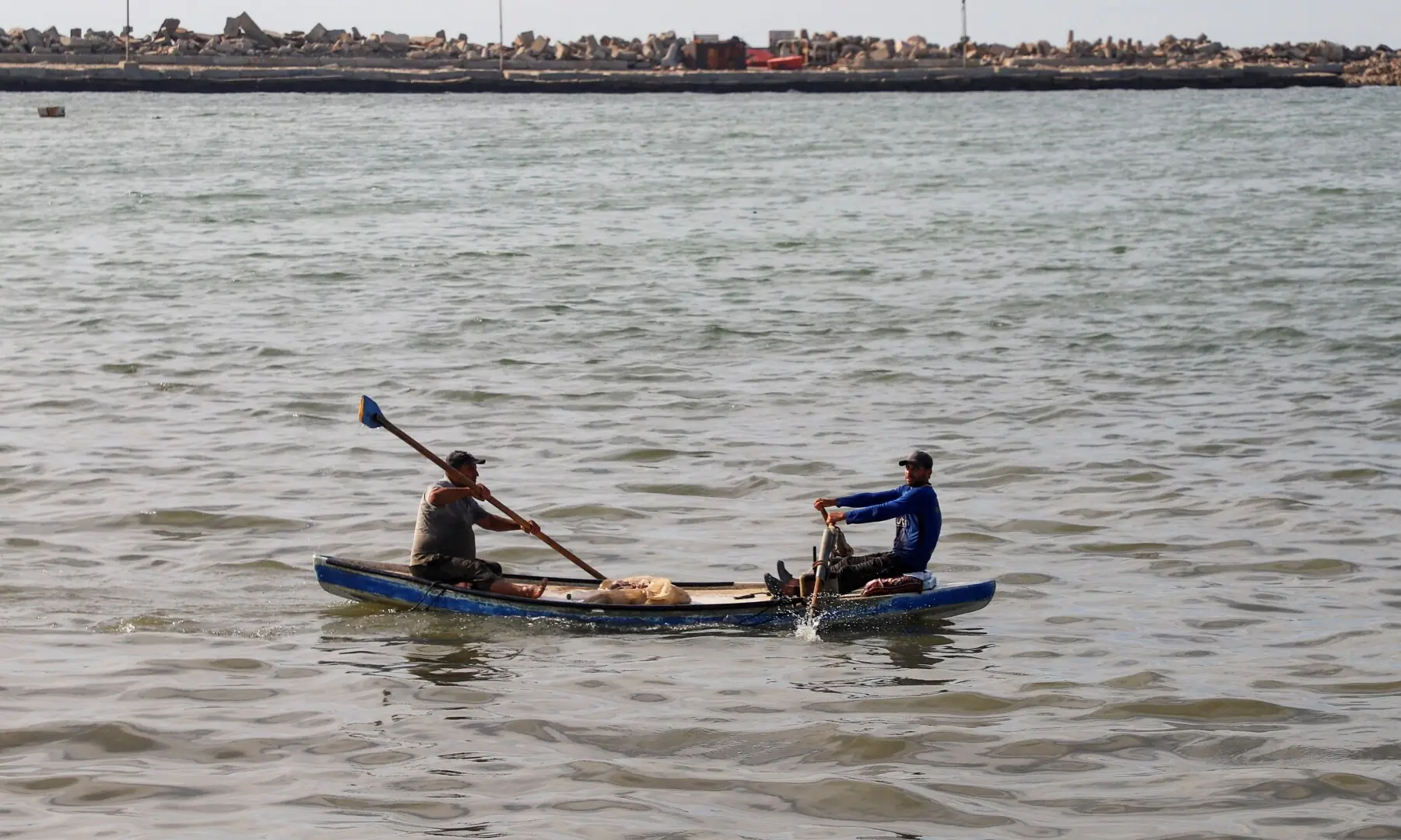 Palestinian fishermen use a skiff off the coast of Gaza City on June 3, 2026. &mdash;Reuters
