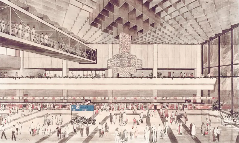 A watercolour-and-ink rendering of the check-in hall based on design drawings by Nespak | Architect Syed Sadiq Ali