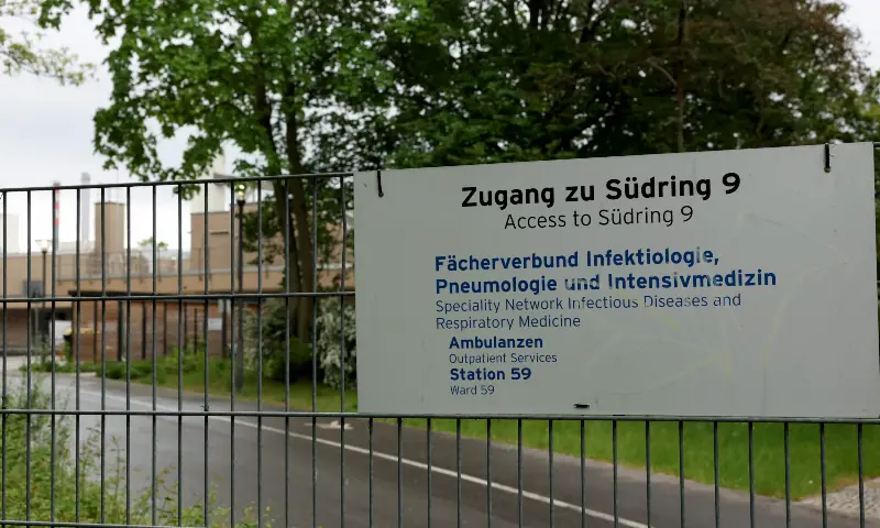 A sign indicates the site of a department for infectious diseases and respiratory medicine at the Campus Virchow of the Charite hospital in Berlin on May 11, 2026. &mdash; AFP
