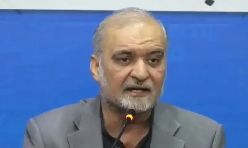Jamaat-i-Islami chief Hafiz Naeemur Rehman addresses a press conference in Karachi on Jan 27, 2026. &mdash; DawnNewsTV/File