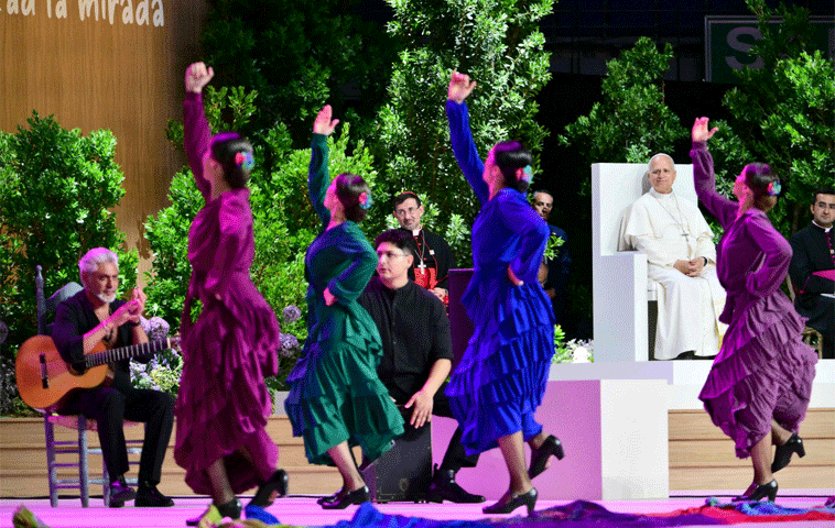 Pope Leo XIV watches flamenco dance performance at the Movistar Arena in Madrid on Sunday.&mdash;AFP