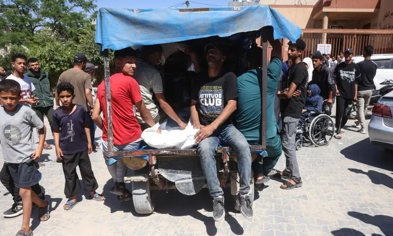 Mourners sitting in the back of a vehicle carry the body of a victim killed in a reported Israeli airstrike on a police station in the Al-Mawasi district, during a funeral at Nasser Hospital in Khan Yunis, southern Gaza Strip, on June 7, 2026. — AFP Mourners sitting in the back of a vehicle carry the body of a victim killed in a reported Israeli airstrike on a police station in the Al-Mawasi district, during a funeral at Nasser Hospital in Khan Yunis, southern Gaza Strip, on June 7, 2026. — AFP