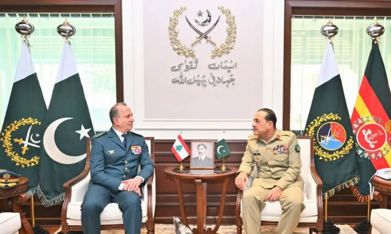 Lebanese army Commander Rodolphe Haykal hold a meeting with Chief of Defence Forces and Chief of Army Staff Field Marshal Asim Munir at GHQ on Tuesday. — Photo via ISPR Lebanese army Commander Rodolphe Haykal hold a meeting with Chief of Defence Forces and Chief of Army Staff Field Marshal Asim Munir at GHQ on Tuesday. — Photo via ISPR