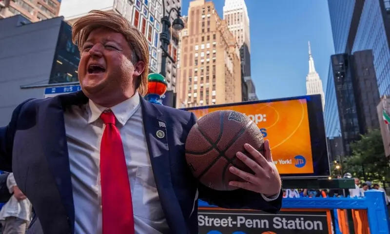 An impersonator of US President Donald Trump holds a basketball outside at Madison Square Garden ahead of Game 3 of the NBA Finals between New York Knicks and San Antonio Spurs on June 8, 2026 in New York City. —Reuters An impersonator of US President Donald Trump holds a basketball outside at Madison Square Garden ahead of Game 3 of the NBA Finals between New York Knicks and San Antonio Spurs on June 8, 2026 in New York City. —Reuters
