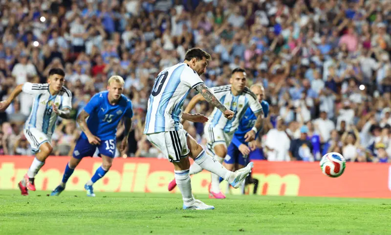 AUBURN (Alabama): Argentina’s Lionel Messi scores from the penalty spot during the friendly against Iceland at the Jordan-Hare Stadium.—Reuters AUBURN (Alabama): Argentina’s Lionel Messi scores from the penalty spot during the friendly against Iceland at the Jordan-Hare Stadium.—Reuters