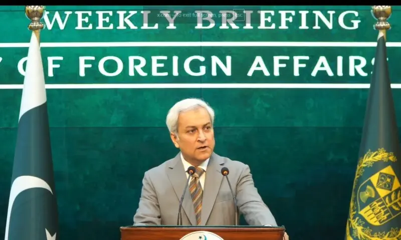 FO spokesperson Tahir Andrabi addresses a press briefing on June 11. — DawnNewsTV FO spokesperson Tahir Andrabi addresses a press briefing on June 11. — DawnNewsTV