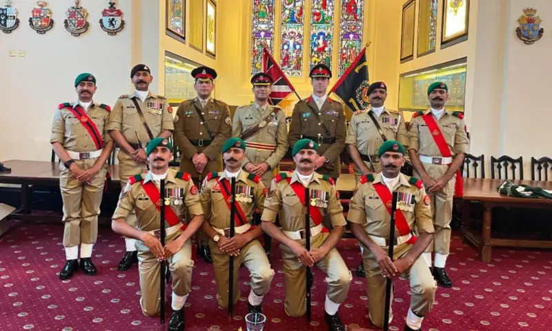 A team of the Pakistan Military Academy poses at the International Pace Sticking Competition 2026 held in Sandhurst, United Kingdom. — ISPR A team of the Pakistan Military Academy poses at the International Pace Sticking Competition 2026 held in Sandhurst, United Kingdom. — ISPR