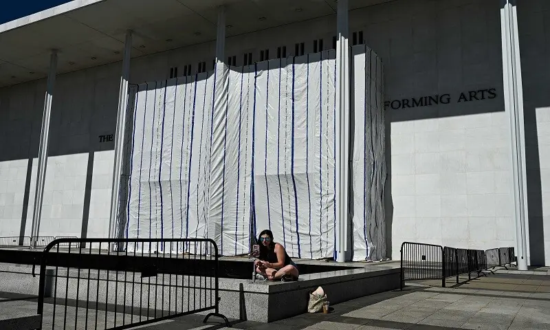 A tarp covers the facade of the John F. Kennedy Memorial Center for the Performing Arts in Washington, DC, on June 13, 2026. — AFP A tarp covers the facade of the John F. Kennedy Memorial Center for the Performing Arts in Washington, DC, on June 13, 2026. — AFP