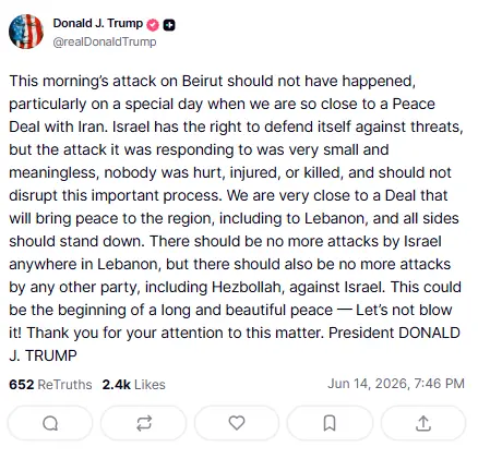 Trump says Israel attack on Beirut 'should not have happened'