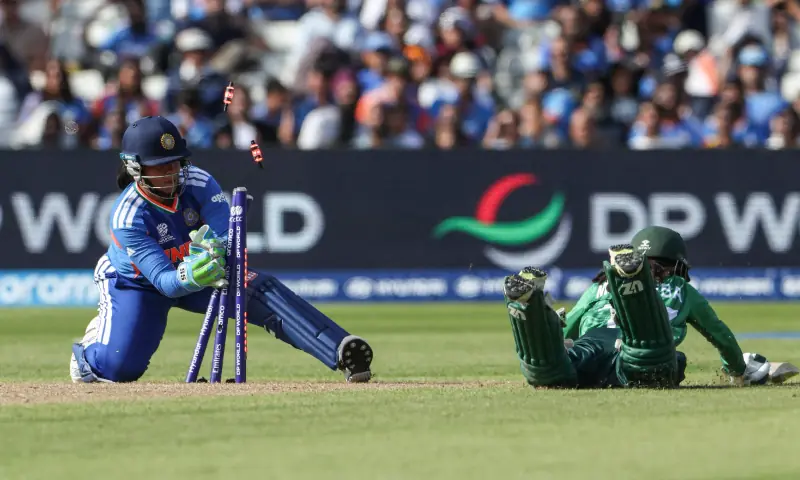 India's Richa Ghosh (L) tries to run out Pakistan's Muneeba Ali (R) during the ICC Women's T20 cricket World Cup 2026 Group A stage, Match 6 match between India and Pakistan at Edgbaston cricket ground in Birmingham, central England on June 14, 2026. — AFP India's Richa Ghosh (L) tries to run out Pakistan's Muneeba Ali (R) during the ICC Women's T20 cricket World Cup 2026 Group A stage, Match 6 match between India and Pakistan at Edgbaston cricket ground in Birmingham, central England on June 14, 2026. — AFP