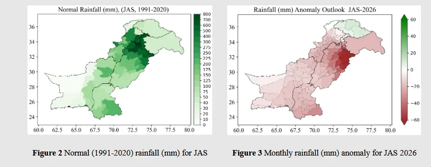 Comparative maps showing normal versus predicted rainfall in Pakistan. — via PMD