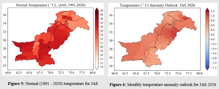 Comparative maps showing normal versus predicted temperatures in across Pakistan. — via PMD