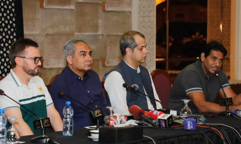 PCB Chairman Mohsin Naqvi, Mike Hesson, Aqib Javed, during a press conference in Lahore on June 15, 2026. — Photo via X PCB Chairman Mohsin Naqvi, Mike Hesson, Aqib Javed, during a press conference in Lahore on June 15, 2026. — Photo via X