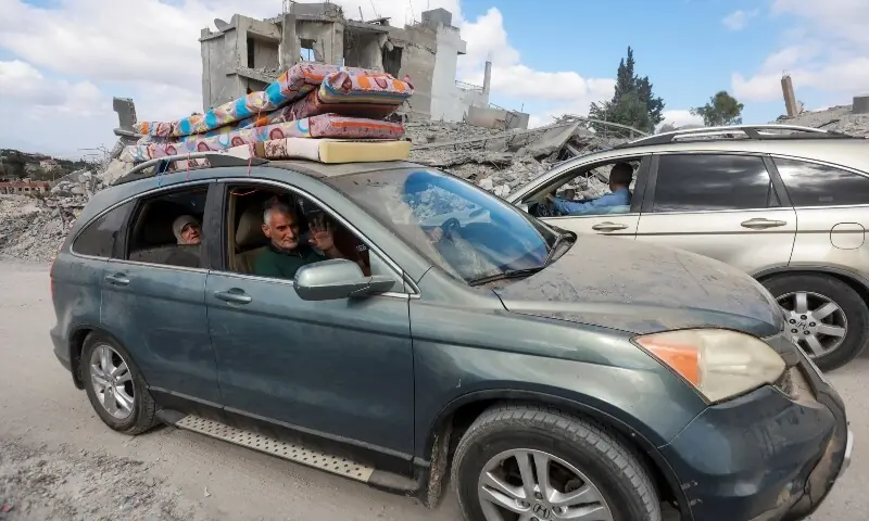  Displaced people transport their belongings on a roof of a car, as they make their way back to their homes, following a peace deal between the United States and Iran, in Bir Al-Salasil, Tyre district, southern Lebanon, June 15, 2026. &mdash;Reuters 