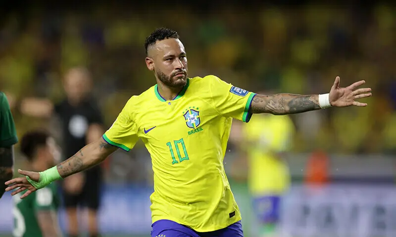 Brazil's Neymar celebrates scoring their fifth goal against Bolivia during their World Cup qualifier at Estadio Mangueirao.—Reuters Brazil's Neymar celebrates scoring their fifth goal against Bolivia during their World Cup qualifier at Estadio Mangueirao.—Reuters
