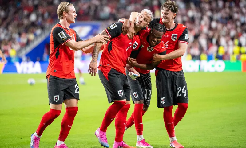 Austria's forward Marko Arnautovic (C/L), celebrates with Austria's midfielder Patrick Wimmer, Austria's midfielder Carney Chukwuemeka and Austria's midfielder Paul Wanner after scoring a penalty shot during the 2026 World Cup Group J football match between Austria and Jordan at the San Francisco Bay Area Stadium in Santa Clara, on June 16, 2026. — AFP Austria's forward Marko Arnautovic (C/L), celebrates with Austria's midfielder Patrick Wimmer, Austria's midfielder Carney Chukwuemeka and Austria's midfielder Paul Wanner after scoring a penalty shot during the 2026 World Cup Group J football match between Austria and Jordan at the San Francisco Bay Area Stadium in Santa Clara, on June 16, 2026. — AFP