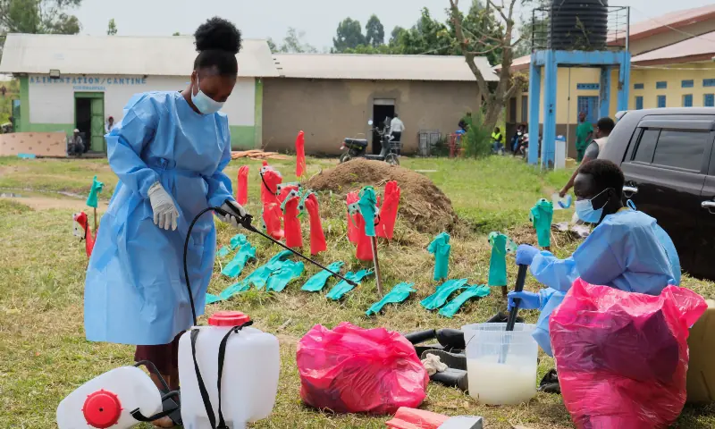 Medical workers dressed in personal protective equipment (PPE) disinfect their equipment at an Ebola treatment centre during a ceremony to present recovery certificates to patients at the Rwambara General Reference Hospital in Bunia, eastern Democratic Republic of Congo, on June 16, 2026. — Reuters Medical workers dressed in personal protective equipment (PPE) disinfect their equipment at an Ebola treatment centre during a ceremony to present recovery certificates to patients at the Rwambara General Reference Hospital in Bunia, eastern Democratic Republic of Congo, on June 16, 2026. — Reuters