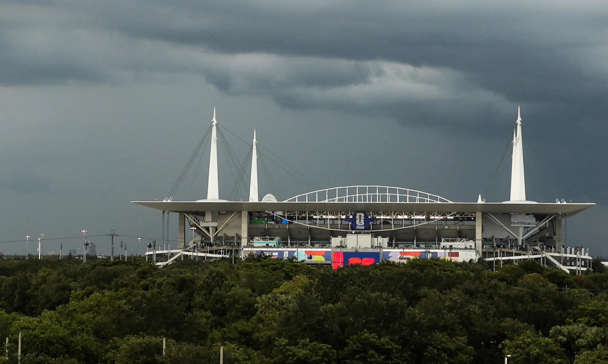The exterior of the Miami Stadium under heavy cloud cover during the FIFA World Cup Group 'H' match between Saudi Arabia and Uruguay in Miami Gardens, Florida on June 15, 2026.--Reuters The exterior of the Miami Stadium under heavy cloud cover during the FIFA World Cup Group 'H' match between Saudi Arabia and Uruguay in Miami Gardens, Florida on June 15, 2026.--Reuters