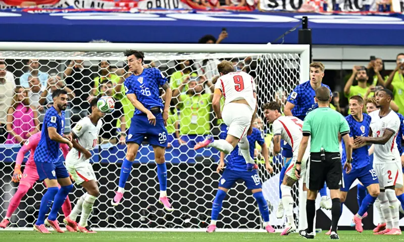 ARLINGTON (Texas): England’s Harry Kane (third R) scores during the Group ‘L’ match against Croatia at the Dallas Stadium. —Reuters ARLINGTON (Texas): England’s Harry Kane (third R) scores during the Group ‘L’ match against Croatia at the Dallas Stadium. —Reuters