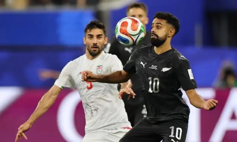 New Zealand's Sarpreet Singh in action with Iran's Milad Mohammadi in Los Angeles Stadium, Inglewood, California, US, June 15, 2026. —Reuters New Zealand's Sarpreet Singh in action with Iran's Milad Mohammadi in Los Angeles Stadium, Inglewood, California, US, June 15, 2026. —Reuters
