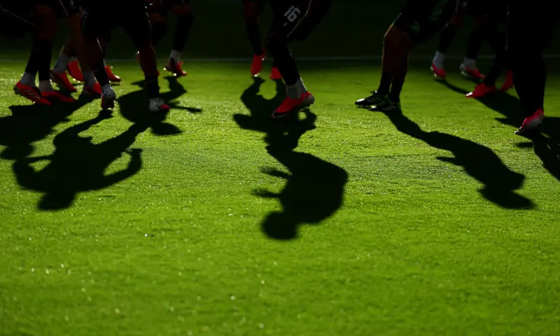 General view of shadows on the pitch as South Korea players warm up before the 2026 FIFA World Cup Group 'A' match against Mexico at the Guadalajara Stadium in Guadalajara, Mexico on June 18, 2026,--Reuters