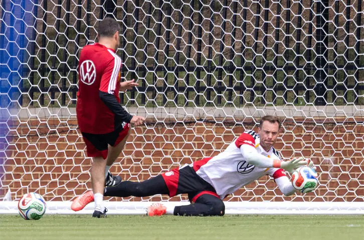 WINSTON-SALEM (North Carolina): Germany goalkeeper Manuel Neuer makes a save during a practice session at the Dennie Spry Soccer Stadium. —Reuters WINSTON-SALEM (North Carolina): Germany goalkeeper Manuel Neuer makes a save during a practice session at the Dennie Spry Soccer Stadium. —Reuters