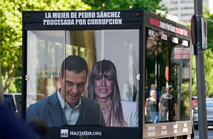 A TRUCK displays images of Spanish Prime Minister Pedro Sanchez and his wife Begona Gomez outside a court in Madrid before the latter’s appearance for a hearing.—Reuters A TRUCK displays images of Spanish Prime Minister Pedro Sanchez and his wife Begona Gomez outside a court in Madrid before the latter’s appearance for a hearing.—Reuters