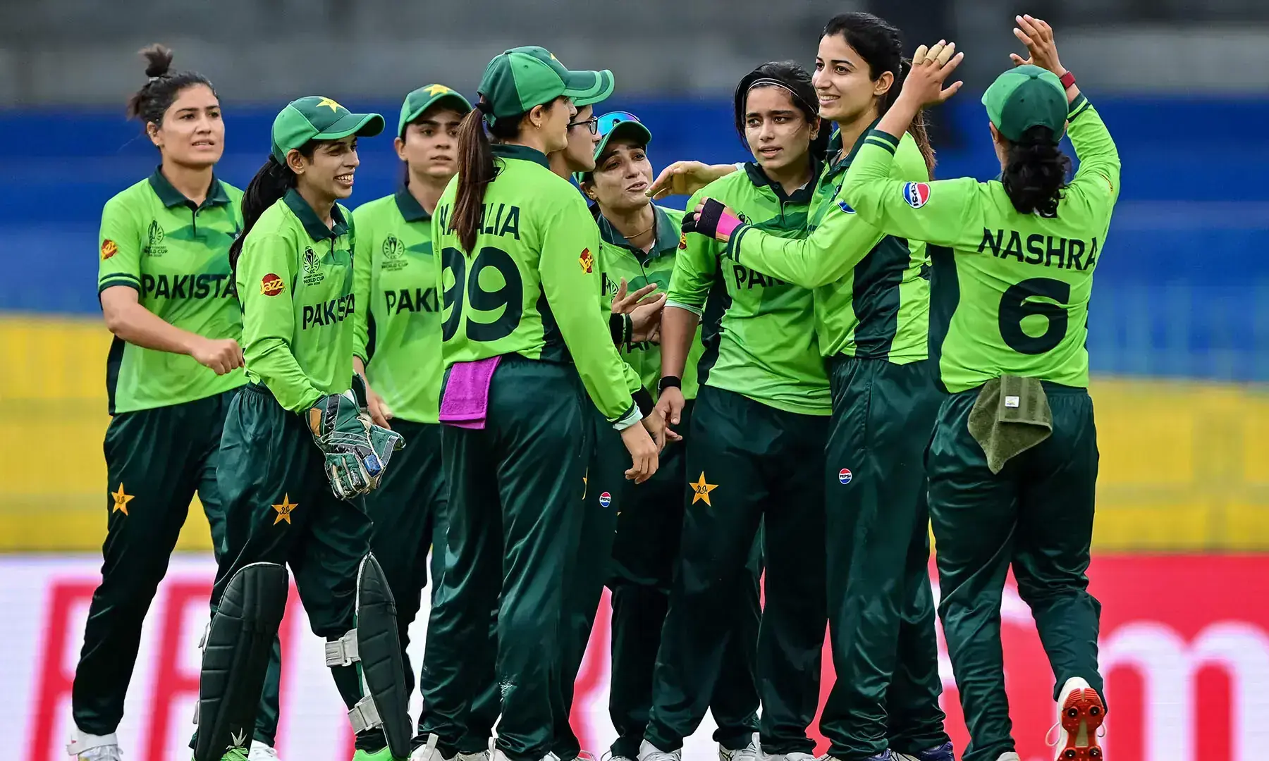 Pakistan's captain Fatima Sana (3R) celebrates with teammates after taking the wicket of India's Smriti Mandhana during the ICC Women's Cricket World Cup 2025 one-day international (ODI) match between India and Pakistan at the R. Premadasa International Cricket Stadium in Colombo on October 5, 2025. — AFP/File Pakistan's captain Fatima Sana (3R) celebrates with teammates after taking the wicket of India's Smriti Mandhana during the ICC Women's Cricket World Cup 2025 one-day international (ODI) match between India and Pakistan at the R. Premadasa International Cricket Stadium in Colombo on October 5, 2025. — AFP/File