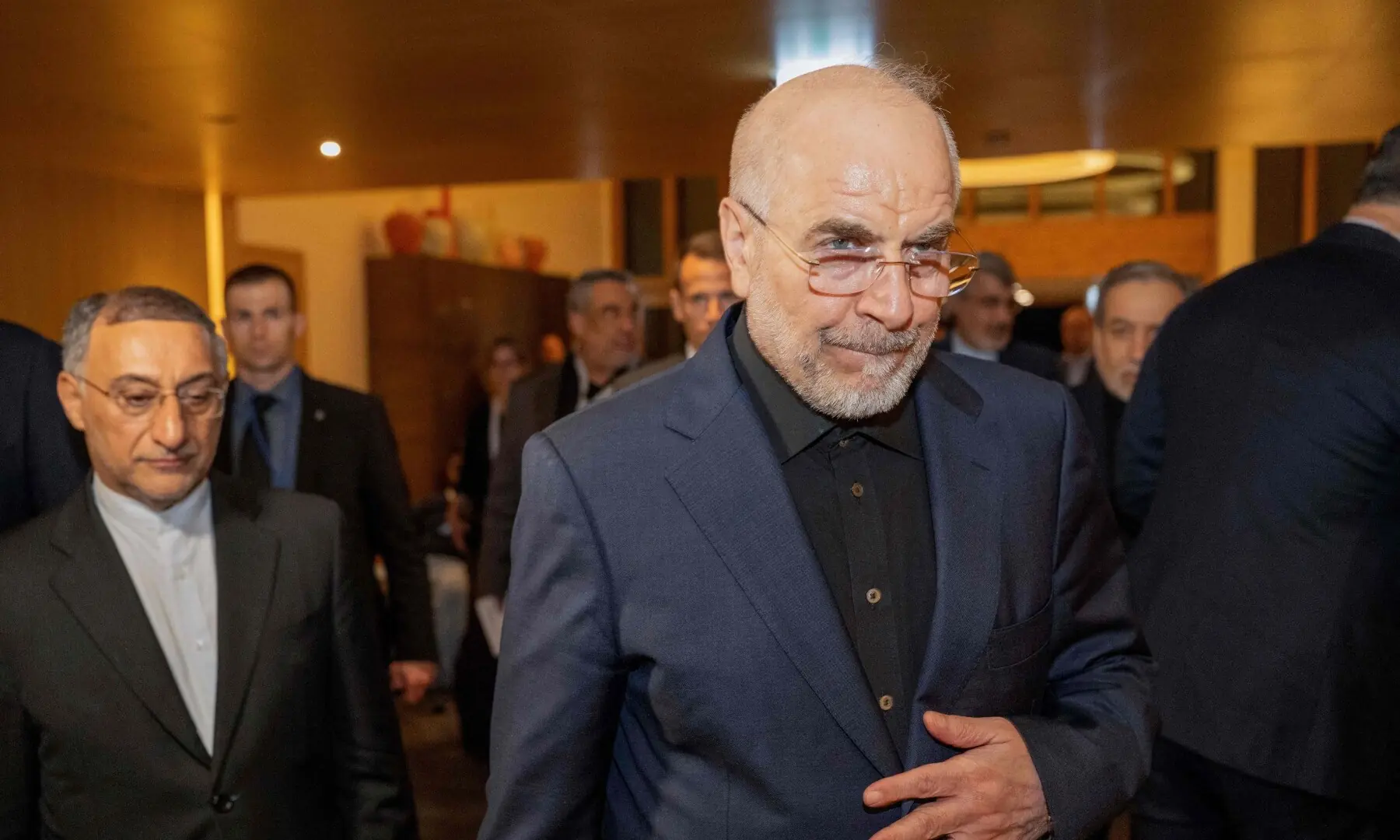 Speaker of the Parliament of Iran, Mohammad Bagher Ghalibaf (R) arrives at the Burgenstock resort in Obbuergen, near Lucerne on June 21. — AFP