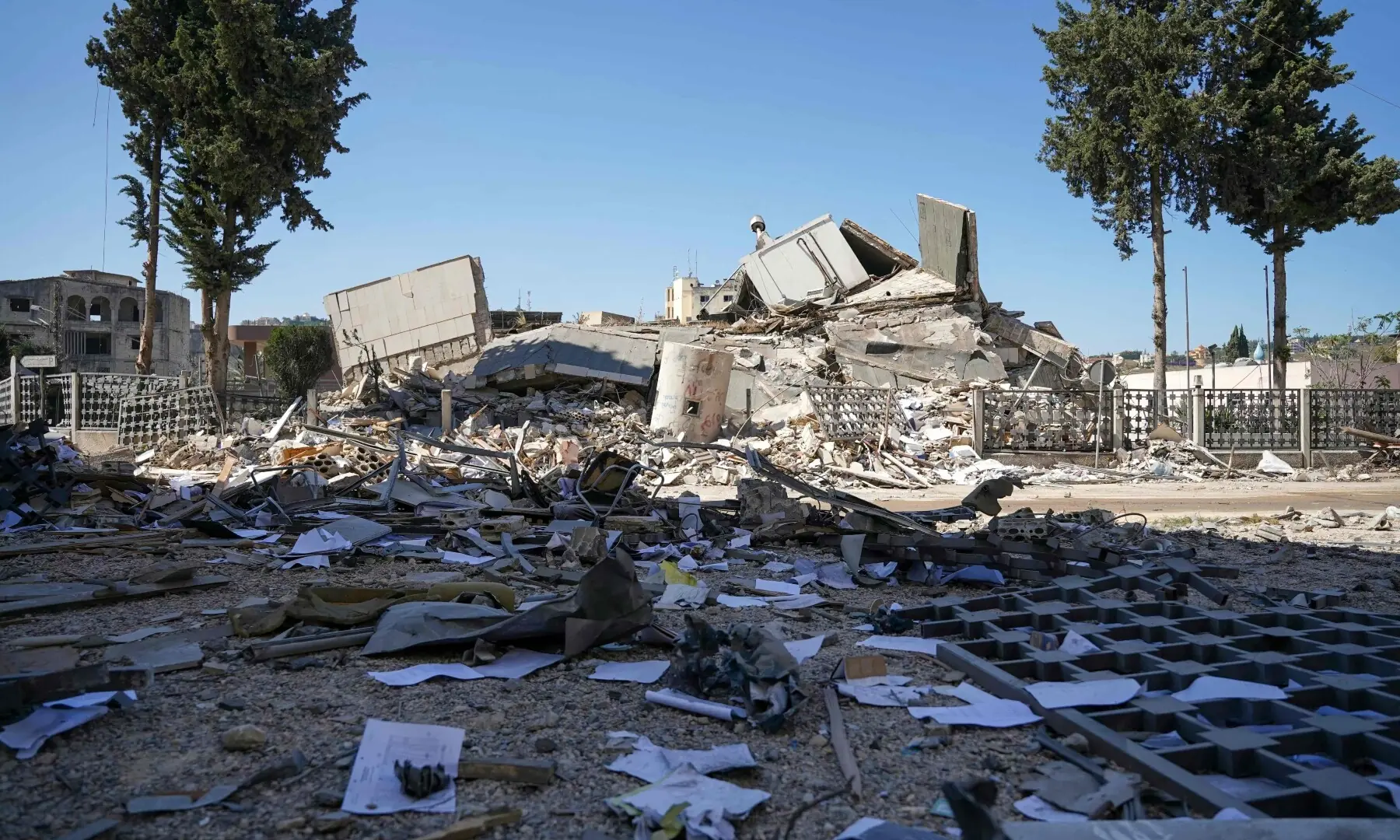 This picture shows heavily damaged buildings at the site of Lebanon&rsquo;s central bank building that was targeted in an Isreali strike the previous day in the southern Lebanese city of Nabatieh on June 21, 2026. &mdash; AFP