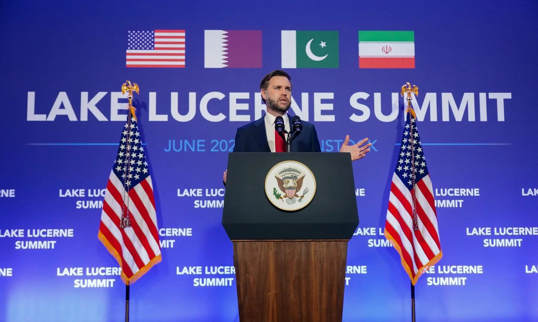 US Vice President JD Vance speaks to members of the media before boarding Air Force Two, after the US and Iran held high-level talks at the Lake Lucerne Summit, at Emmen Military Air Base, in Emmen, Switzerland, June 22, 2026. &mdash; AFP