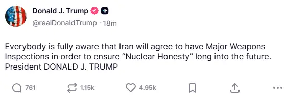 Trump asserts Iran will agree to have weapons inspections to ensure 'nuclear honesty'