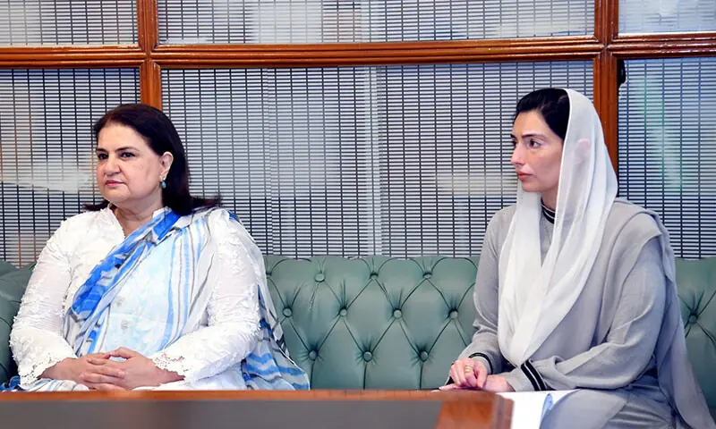 First Lady Aseefa Bhutto Zardari receives a briefing from Benazir Income Support Programme Chairperson Senator Rubina Khalid at the Parliament House in Islamabad on Monday. &mdash; White Star