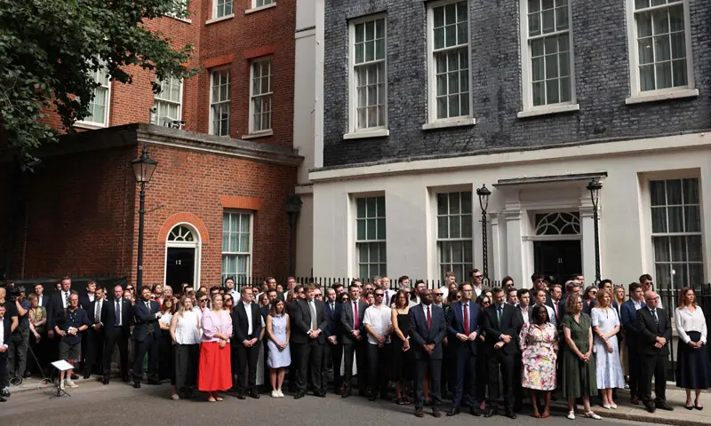Members of Downing Street staff listen to outgoing PM Keir Starmer as he announces his decision to step down.—AFP/Reuters Members of Downing Street staff listen to outgoing PM Keir Starmer as he announces his decision to step down.—AFP/Reuters