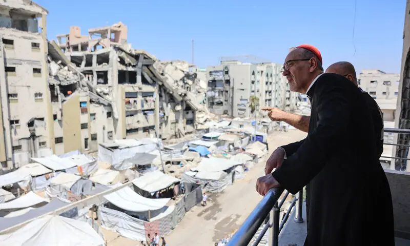 Jerusalem’s Latin Patriarch Cardinal Pierbattista Pizzaballa stands on a building overlooking makeshift shelters for displaced Palestinians during a visit to the Tel al-Hawa neighbourhood of Gaza City.—AFP Jerusalem’s Latin Patriarch Cardinal Pierbattista Pizzaballa stands on a building overlooking makeshift shelters for displaced Palestinians during a visit to the Tel al-Hawa neighbourhood of Gaza City.—AFP