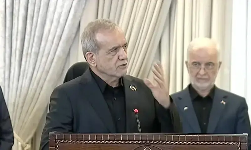 Iranian President Masoud Pezeshkian speaks at PM House in Islamabad on June 23, 2026. — Screengrab via YouTube/PTV News Iranian President Masoud Pezeshkian speaks at PM House in Islamabad on June 23, 2026. — Screengrab via YouTube/PTV News