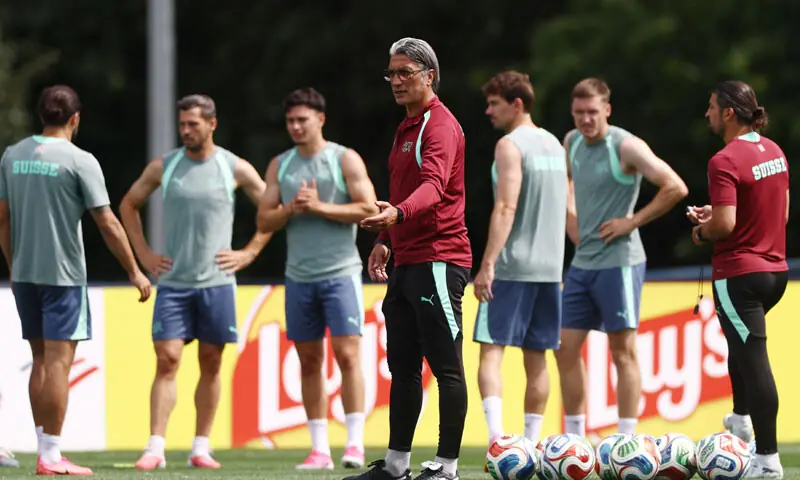 VANCOUVER: Switzerland coach Murat Yakin is engaged during his team&rsquo;s training session at Killarney Park.&mdash;Reuters