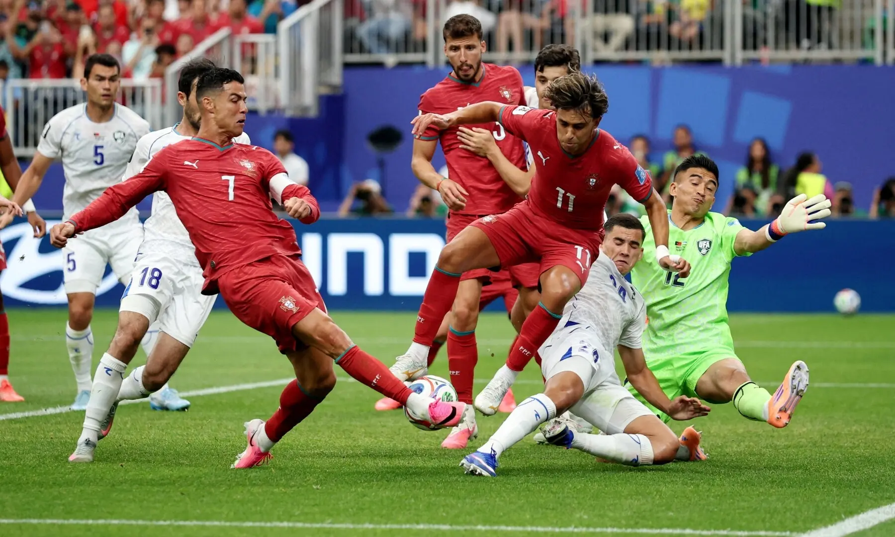 Portugal&rsquo;s Cristiano Ronaldo in action before Abduvohid Nematov scores an own goal and Portugal&rsquo;s fourth in Houston Stadium, Houston, Texas, US, June 23, 2026. &mdash;Reuters