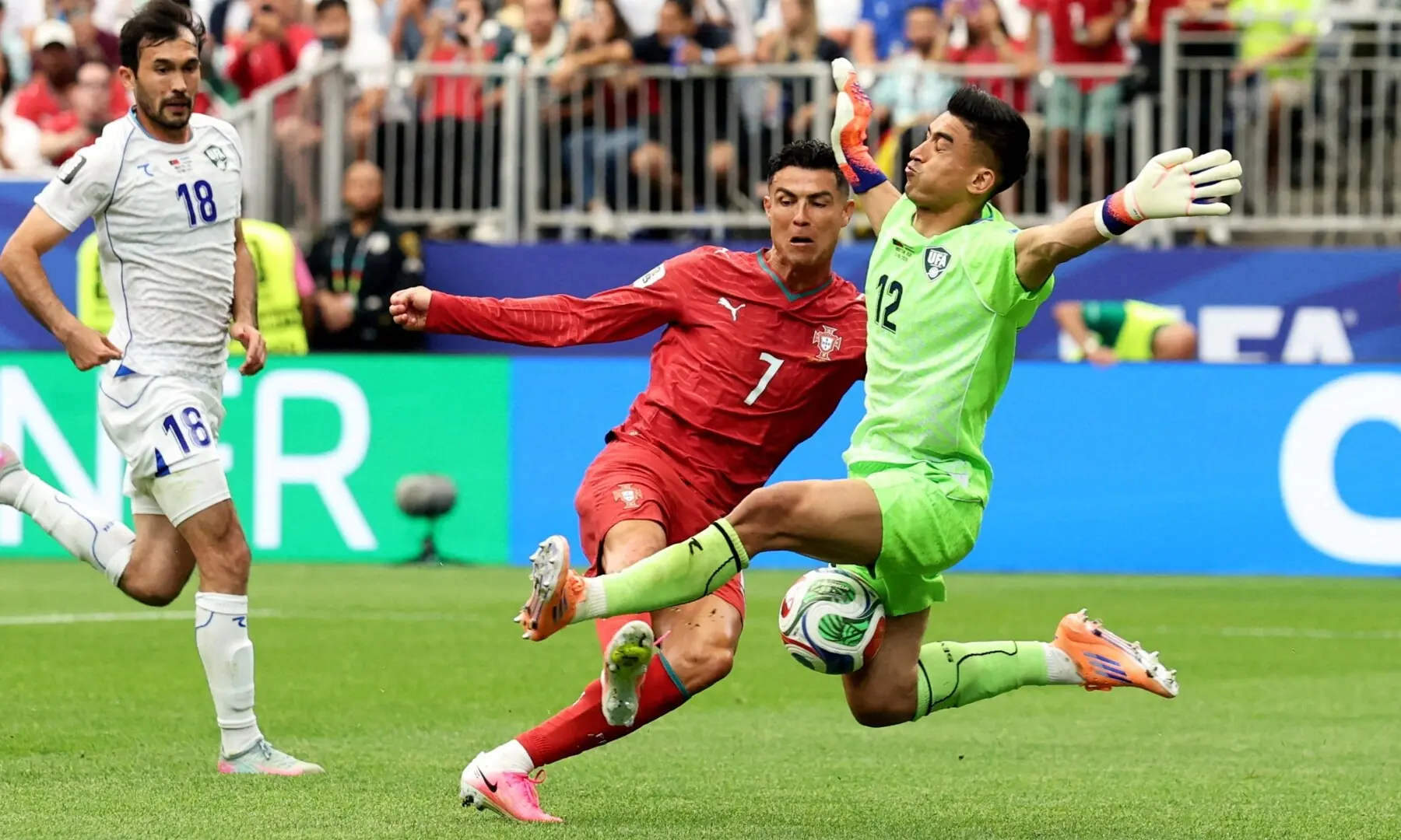 Portugal&rsquo;s Cristiano Ronaldo in action before Abduvohid Nematov scores an own goal and Portugal&rsquo;s fourth in Houston Stadium, Houston, Texas, US. June 23, 2026. &mdash;Reuters
