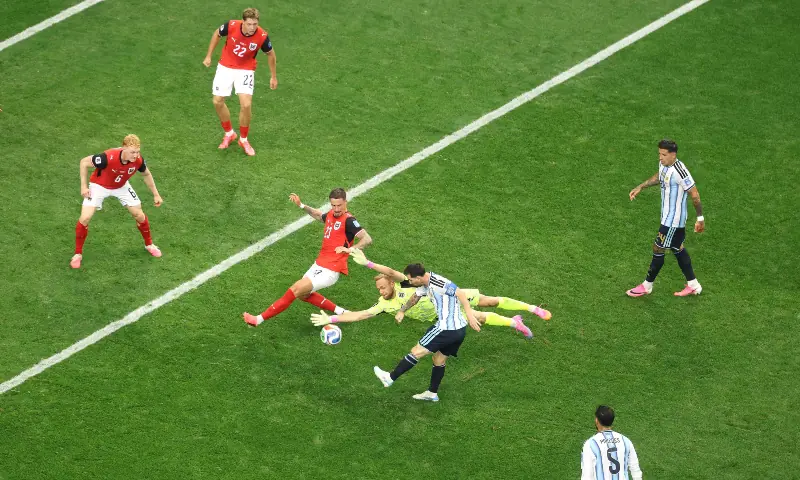 Lionel Messi #10 of Argentina shoots while Marco Friedl #23 of Austria blocks during the FIFA World Cup 2026 Group J match between Argentina and Austria at Dallas Stadium on June 22, 2026 in Arlington, Texas. — AFP Lionel Messi #10 of Argentina shoots while Marco Friedl #23 of Austria blocks during the FIFA World Cup 2026 Group J match between Argentina and Austria at Dallas Stadium on June 22, 2026 in Arlington, Texas. — AFP