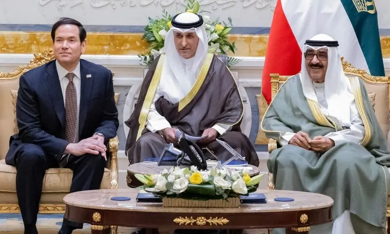 This hand out photo provided by the Kuwait's news agency KUNA on June 24, 2026 shows the Amir of Kuwait Sheikh Meshal al-Ahmad al-Jaber al-Sabah (R) receiving the US Secretary of State Marco Rubio at Bayan Palace in Kuwait City. &mdash;Reuters