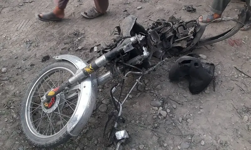 This image shows a motorcycle part of a convoy that came under attack in KP's Bannu on July 7, 2018. &mdash;DawnNewsTV