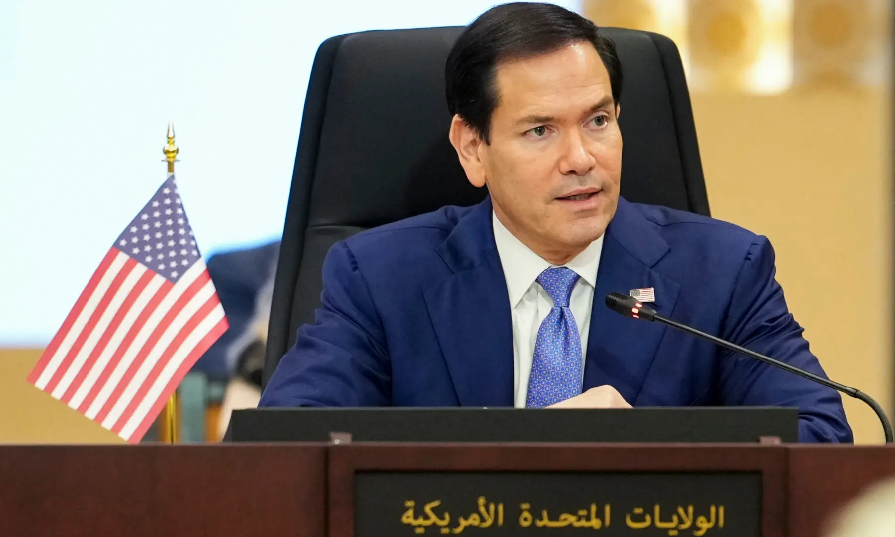 US Secretary of State Marco Rubio speaks during a meeting with foreign ministers of the Gulf Cooperation Council Member States during his visit to the Middle East to discuss the interim deal between the US and Iran with Arab Gulf allies, in Manama on June 25, 2026.. &mdash; AFP