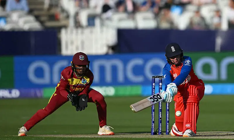 LONDON: England&rsquo;s Danni Wyatt-Hodge plays a shot as West Indies wicket-keeper Shemaine Campbelle looks on during their Women&rsquo;s T20 World Cup match at Lord&rsquo;s.&mdash;AFP
