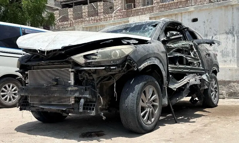 Car of Mohammed Aydah, a Yemeni journalist at the Saudi-owned television network al-Arabiya, is pictured at the yard of a police station after an explosive device planted in the car detonated and killed him, in Mukalla, Yemen June 25, 2026. &mdash; Reuters