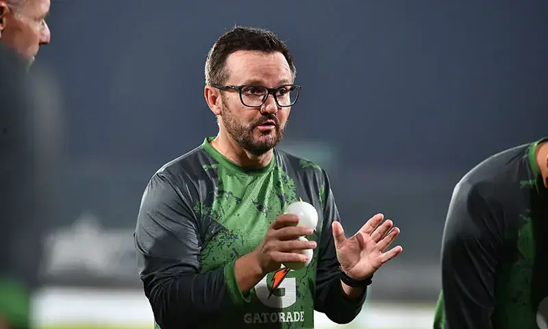 Pakistan white-ball head coach addresses players during a training session at the Rawalpindi Cricket Stadium on October 26, 2025.&mdash;Courtesy PCB