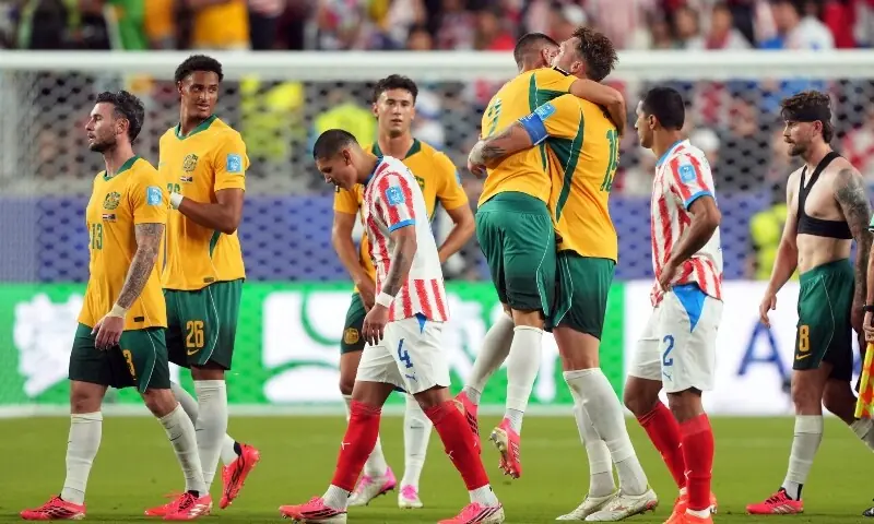 Australia's Milos Degenek and Harry Souttar celebrate after the FIFA World Cup 2026 Group D match with Paraguay at San Francisco Bay Area Stadium, Santa Clara, California, US on June 25, 2026. &mdash; Reuters