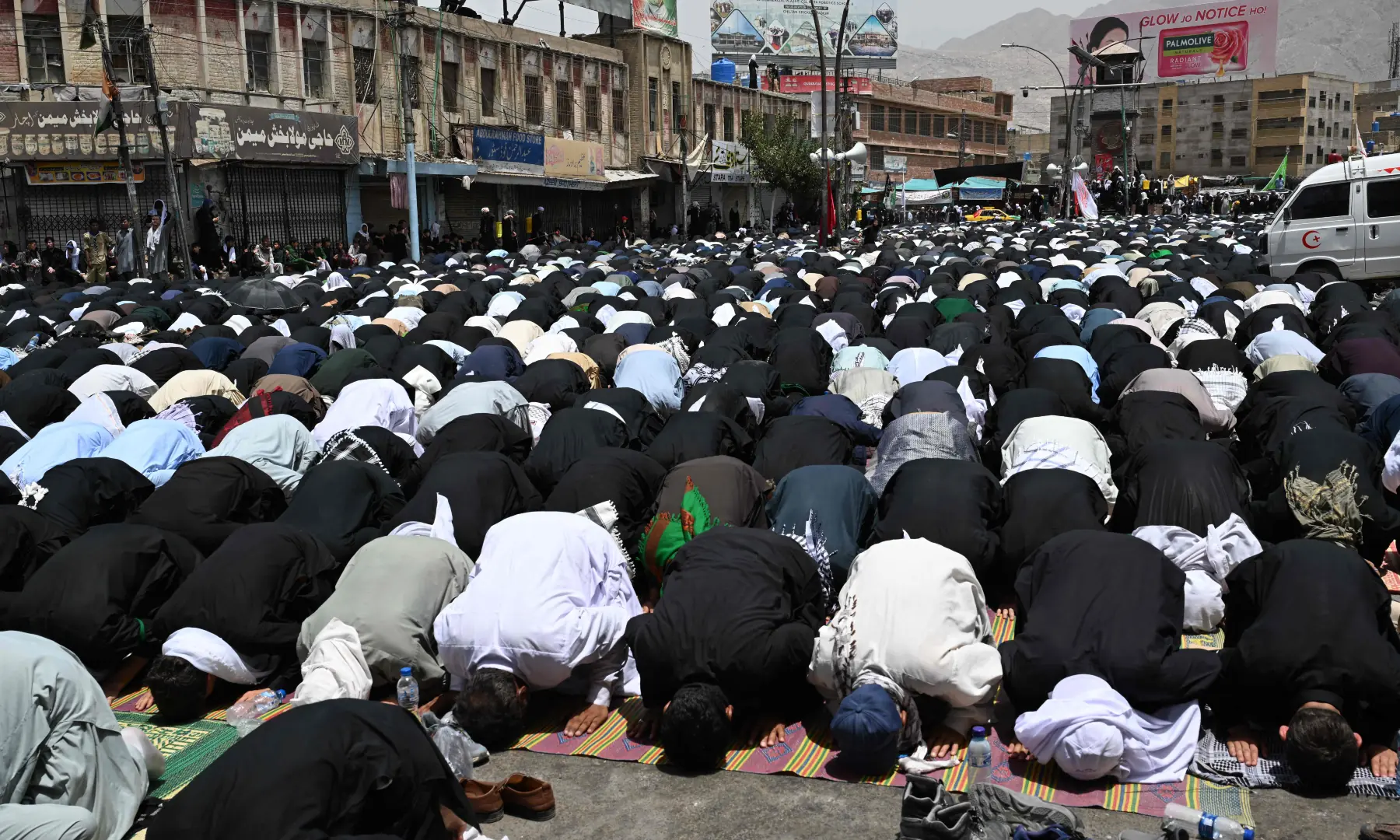 Mourners offer noon prayers during the Muharram procession on the tenth day of Ashura in Quetta on June 26, 2026.Shia Muslims offer noon prayers during the Muharram procession on the tenth day of Ashura in Quetta on June 26, 2026. &mdash; AFP
