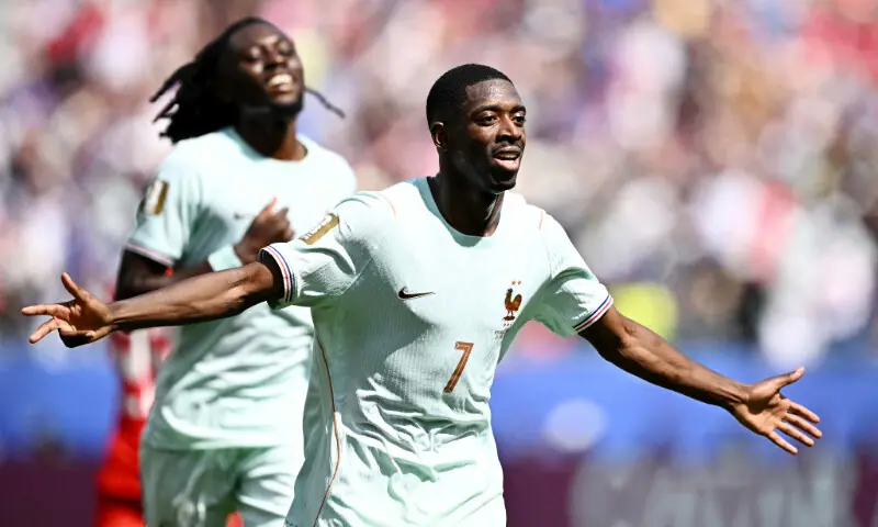 France's Ousmane Dembele celebrates scoring to complete his hat-trick during the 2026 FIFA World Cup Group 'I' match against Norway at the Boston Stadium in Foxborough, Massachussetts on June 26, 2026.--Reuters