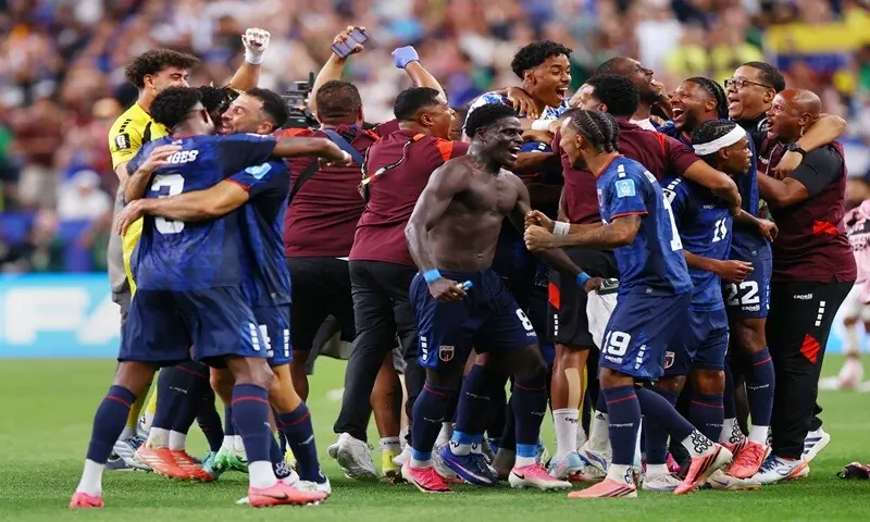 Cape Verde players celebrate as they qualify for the knockout stages of the 2026 FIFA World Cup after their Group 'H' match against Saudi Arabia at the Houston Stadium in Houston on June 27, 2026. &mdash;Reuters